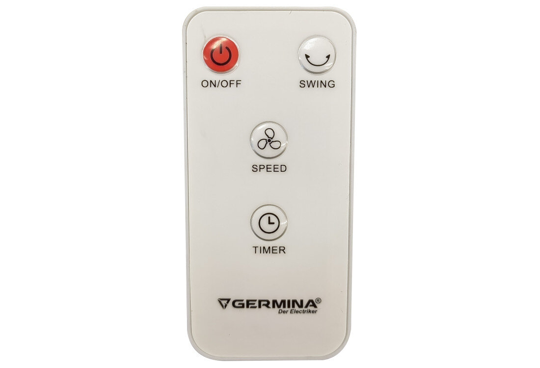 Pilot z czterema przyciskami: ON/OFF, SWING, SPEED, TIMER. Na dole widoczne logo GERMINA Der Elektriker.