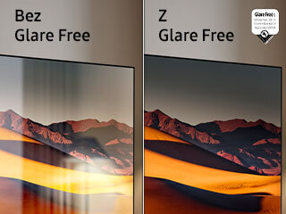 Obraz przedstawia dwa ekrany telewizorów z krajobrazem górskim, z tekstem \'Bez Glare Free\' po lewej i \'Z Glare Free\' po prawej. Po prawej stronie widoczna jest naklejka z napisem \'Glare Free\' i ikoną certyfikatu.