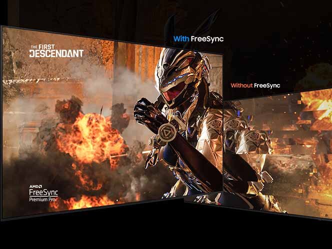 Obraz przedstawia porównanie jakości obrazu z technologią FreeSync i bez niej, z widoczną postacią w zbroi na tle eksplozji. Na ekranie po lewej stronie widnieje napis \'THE FIRST DESCENDANT\' oraz logo \'AMD FreeSync Premium Pro\'.