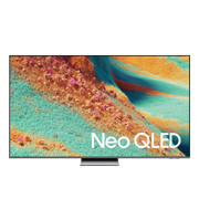 Telewizor z wyświetlaczem prezentującym kolorowy, abstrakcyjny wzór z napisem \'Neo QLED\'.
