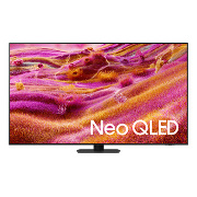 Telewizor z wyświetlaczem prezentującym kolorowy, abstrakcyjny wzór w odcieniach różu i pomarańczu z napisem \'Neo QLED\'.