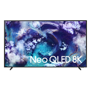 Telewizor z wyświetlaczem prezentującym abstrakcyjny obraz w odcieniach niebieskiego i fioletowego z napisem \'Neo QLED 8K\'.
