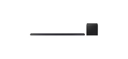 Na obrazie widoczny jest czarny soundbar oraz subwoofer na białym tle.