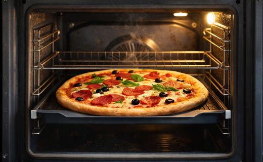 Wnętrze piekarnika z oświetleniem, w którym znajduje się pizza z pepperoni, oliwkami i liśćmi bazylii na ruszcie. W tle widoczny jest wentylator piekarnika.