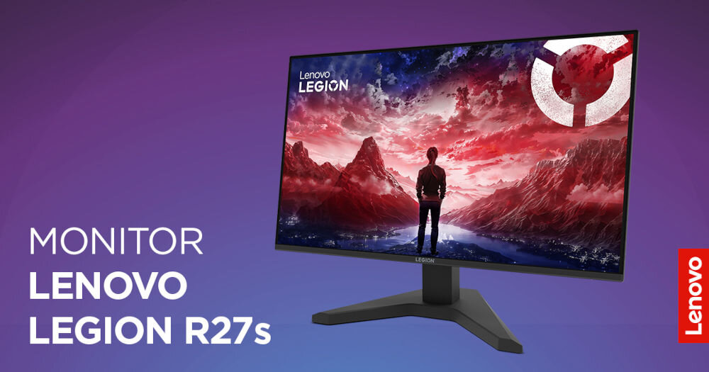 Monitor Lenovo Legion R27s wyświetla obraz z postacią stojącą przed krajobrazem górskim w czerwonych odcieniach. Na ekranie widoczne jest logo Lenovo Legion, a obok monitora znajduje się napis \'MONITOR LENOVO LEGION R27s\'.