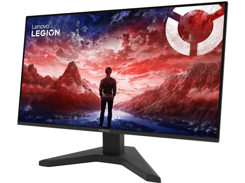 Monitor z wyświetlaczem przedstawiającym krajobraz górski z postacią stojącą na pierwszym planie. Na ekranie widoczne jest logo \'Lenovo LEGION\'.