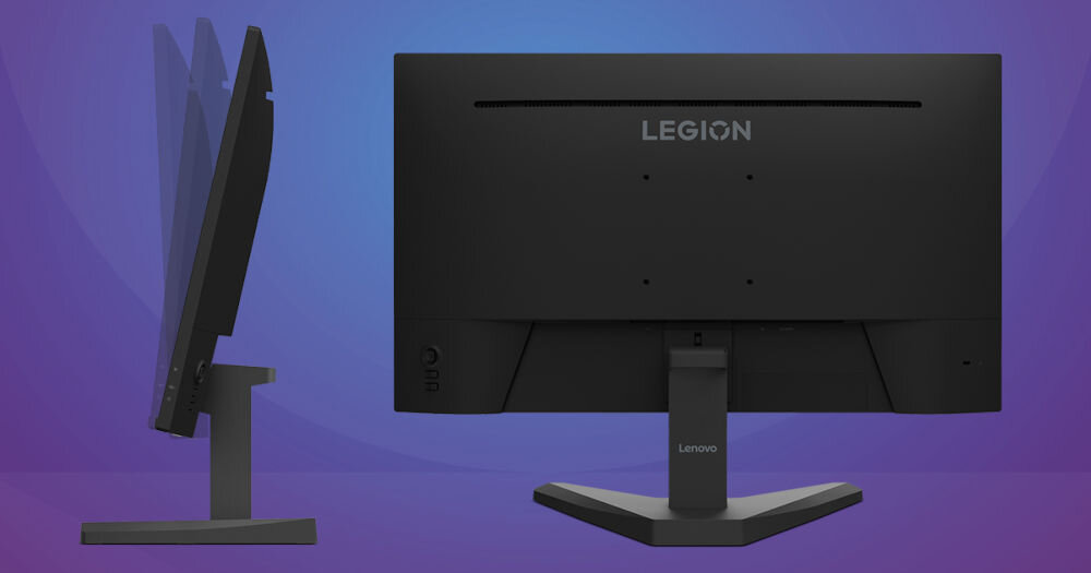 Obraz przedstawia monitor z logo \'LEGION\' na tylnej obudowie, widoczny z boku i z tyłu na fioletowym tle. Monitor ma regulowaną podstawę i prosty, nowoczesny design.