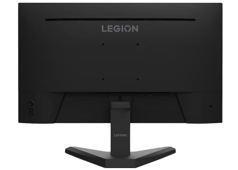 Czarny monitor z logo \'LEGION\' na tylnej obudowie oraz napisem \'Lenovo\' na podstawie. Monitor posiada prostokątną podstawę i kilka portów z tyłu.