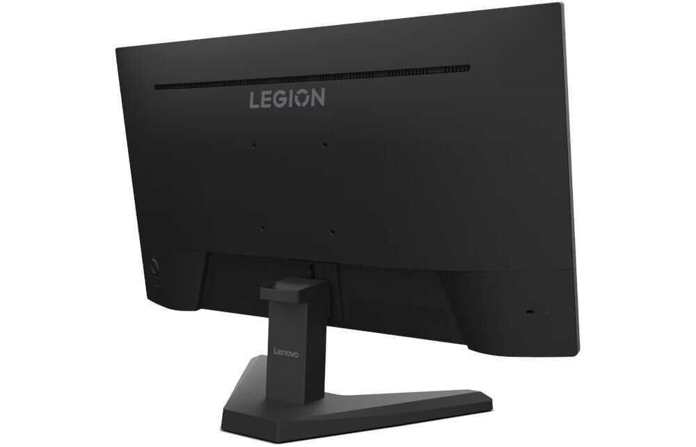 Czarny monitor z logo \'LEGION\' na tylnej obudowie, zamontowany na podstawce z napisem \'Lenovo\'.