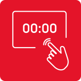 Czerwona ikona z białym konturem dłoni dotykającej ekran z wyświetlaczem pokazującym \'00:00\'.