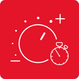 Czerwona ikona z białym symbolem zegara i stopera oraz kilkoma kropkami i liniami wokół nich.