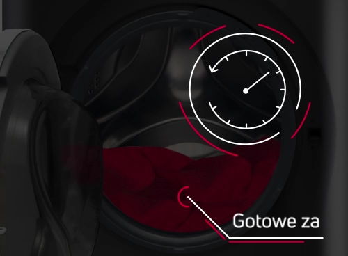 Obraz przedstawia otwarty bęben pralko-suszarki z czerwonym materiałem w środku. Na obrazie widoczny jest symbol zegara oraz napis \'Gotowe za\'.