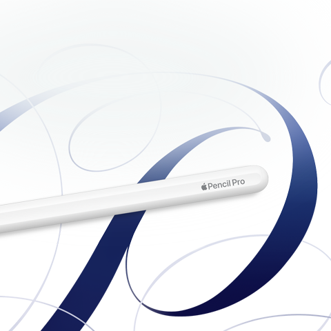Na obrazie widoczny jest biały rysik z napisem \'Pencil Pro\' na tle abstrakcyjnych, niebiesko-białych wzorów.