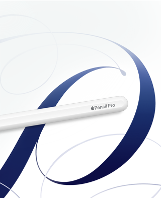 Biały rysik z napisem \'Pencil Pro\' na tle abstrakcyjnych, niebieskich kształtów.
