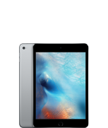 Na obrazie widoczny jest tablet z ekranem wyświetlającym abstrakcyjną grafikę w odcieniach niebieskiego. Obok znajduje się tylna część urządzenia w kolorze srebrnym z logo producenta w formie nadgryzionego jabłka.