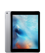 Tablet z dużym ekranem, na którym widoczna jest abstrakcyjna grafika w odcieniach niebieskiego i pomarańczowego. Obudowa urządzenia jest w kolorze srebrnym.
