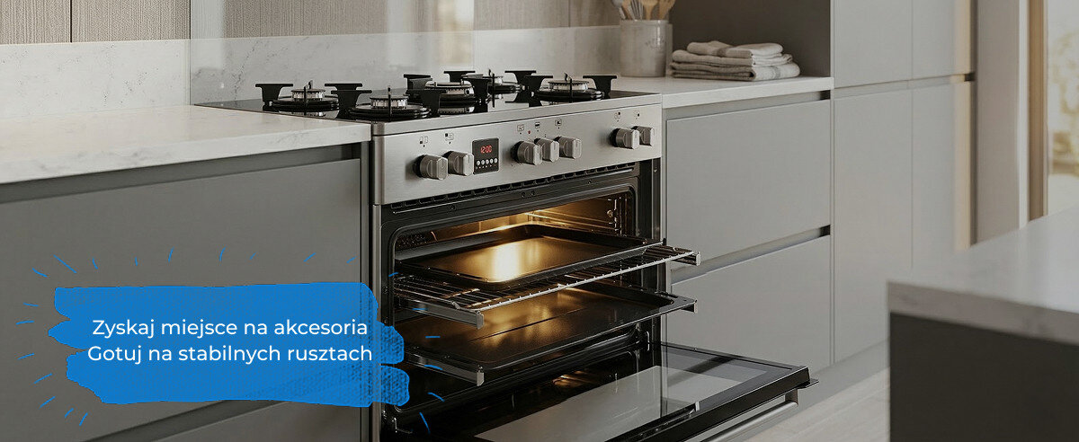 Kuchnia gazowa z otwartym piekarnikiem i wysuniętymi rusztami, umieszczona w nowoczesnej kuchni. Na obrazie widoczny jest tekst: \'Zyskaj miejsce na akcesoria Gotuj na stabilnych rusztach\'.