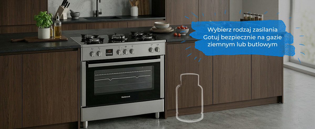 Kuchnia gazowa w zabudowie z czterema palnikami i piekarnikiem, na blacie stoją naczynia i rośliny. Obok znajduje się niebieski napis: \'Wybierz rodzaj zasilania Gotuj bezpiecznie na gazie ziemnym lub butlowym\'.