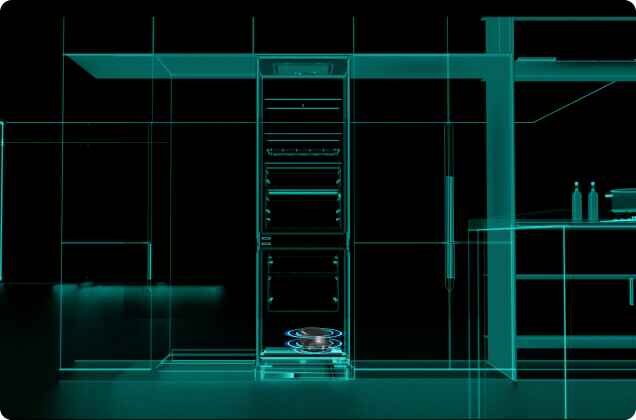 Grafika przedstawia schematyczny rysunek lodówki w stylu technicznym, z widocznymi półkami i szufladami. W tle widać zarys kuchni z szafkami i butelkami na blacie.