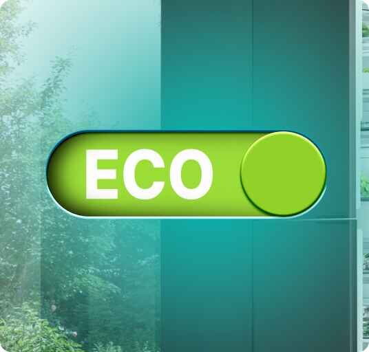 Obraz przedstawia zielony przycisk z napisem \'ECO\' na tle przypominającym wnętrze lodówki.
