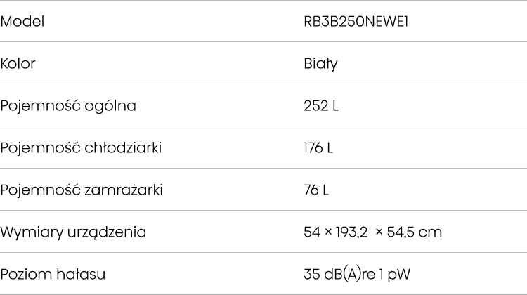 Tabela przedstawia specyfikację lodówki HISENSE RB3B250NEWE1, w tym kolor biały, pojemność ogólną 252 L, pojemność chłodziarki 176 L, pojemność zamrażarki 76 L, wymiary 54 × 193,2 × 54,5 cm oraz poziom hałasu 35 dB(A) re 1 pW.