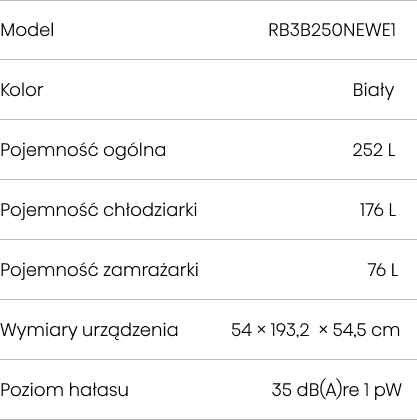 Tabela z danymi technicznymi lodówki: Model RB3B250NEWE1, kolor biały, pojemność ogólna 252 L, pojemność chłodziarki 176 L, pojemność zamrażarki 76 L, wymiary urządzenia 54 × 193,2 × 54,5 cm, poziom hałasu 35 dB(A) re 1 pW.
