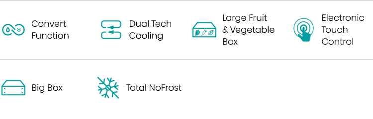 Obraz przedstawia sześć ikon z podpisami: Convert Function, Dual Tech Cooling, Large Fruit & Vegetable Box, Electronic Touch Control, Big Box, Total NoFrost.