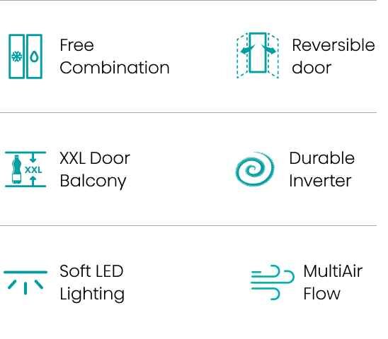 Obraz przedstawia sześć ikon z podpisami: Free Combination, Reversible door, XXL Door Balcony, Durable Inverter, Soft LED Lighting, MultiAir Flow.