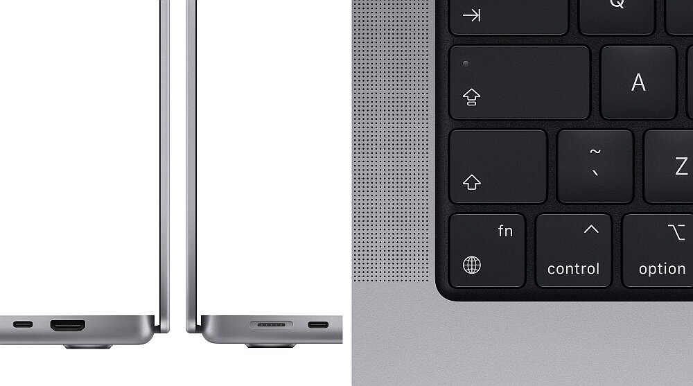 Obraz przedstawia dwa laptopy z widocznymi portami na krawędziach oraz klawiaturę z klawiszami funkcyjnymi i głośnikiem. Klawisze widoczne na klawiaturze to m.in. \'fn\', \'control\', \'option\'.