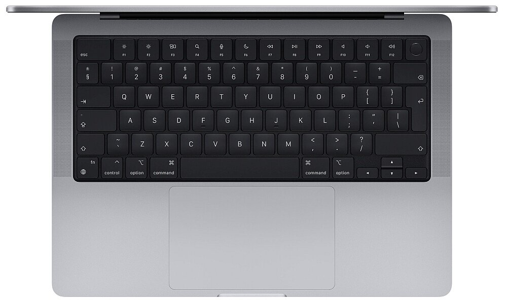 Widok z góry na klawiaturę laptopa z dużym touchpadem poniżej. Klawisze są czarne z białymi oznaczeniami, a obudowa jest srebrna.