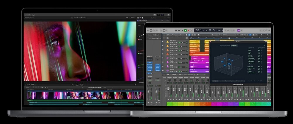 Dwa laptopy z wyświetlonymi aplikacjami do edycji wideo i audio. Oba urządzenia mają srebrną obudowę i wyraźne, kolorowe ekrany.
