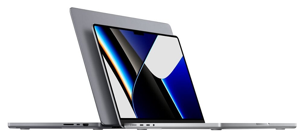 Na obrazie widoczne są dwa laptopy w kolorze srebrnym, ustawione jeden za drugim. Ekrany wyświetlają abstrakcyjną grafikę z dominującymi kolorami czarnym, białym i niebieskim.