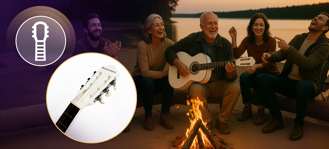 Grupa osób siedzi przy ognisku, jedna z nich gra na białej gitarze. Wstawka pokazuje zbliżenie na główkę gitary z napisem \'MUSICMATE\'.