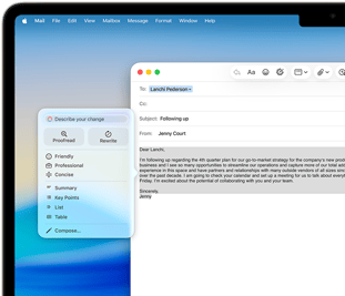 Na ekranie laptopa widoczny jest interfejs programu pocztowego z otwartym e-mailem o temacie \'Following up\'. Po lewej stronie ekranu znajduje się menu z opcjami edycji tekstu, takimi jak \'Proofread\', \'Friendly\', \'Professional\'.