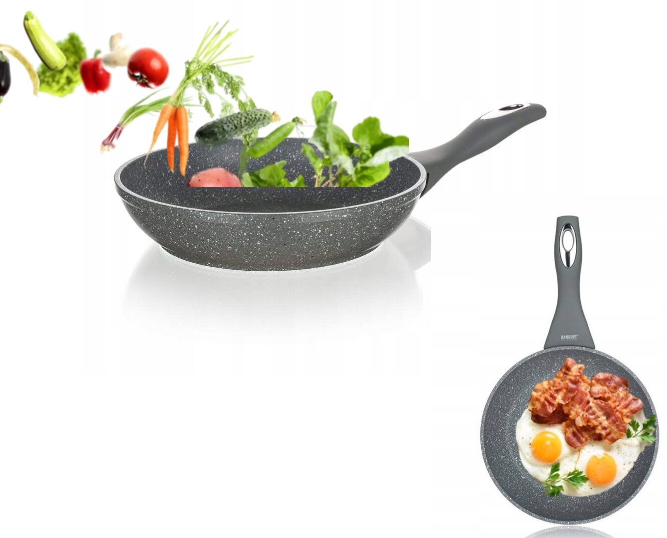 Na obrazie widoczna jest marmurkowa patelnia z warzywami i jajkami z boczkiem. Logo \'BANQUET\' znajduje się na uchwycie patelni.