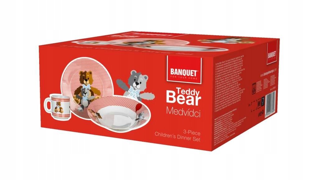 Czerwone opakowanie zestawu obiadowego dla dzieci z motywem misiów, zawierające talerz, miskę i kubek. Na opakowaniu widnieje napis: \'BANQUET for your home, Teddy Bear Medvídci, 3-Piece Children\'s Dinner Set\'.