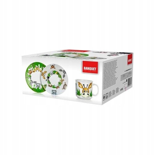 Pudełko z zestawem naczyń dla dzieci, zawierające talerze i kubek z kolorowymi ilustracjami zwierząt. Na pudełku widoczne jest logo \'BANQUET\'.
