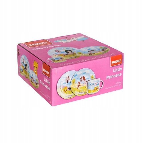 Różowe pudełko z zestawem obiadowym dla dzieci z motywem księżniczki, zawierające talerz, miskę i kubek. Na opakowaniu widnieje napis \'BANQUET Little Princess 3 Piece Children\'s Dinner Set\'.