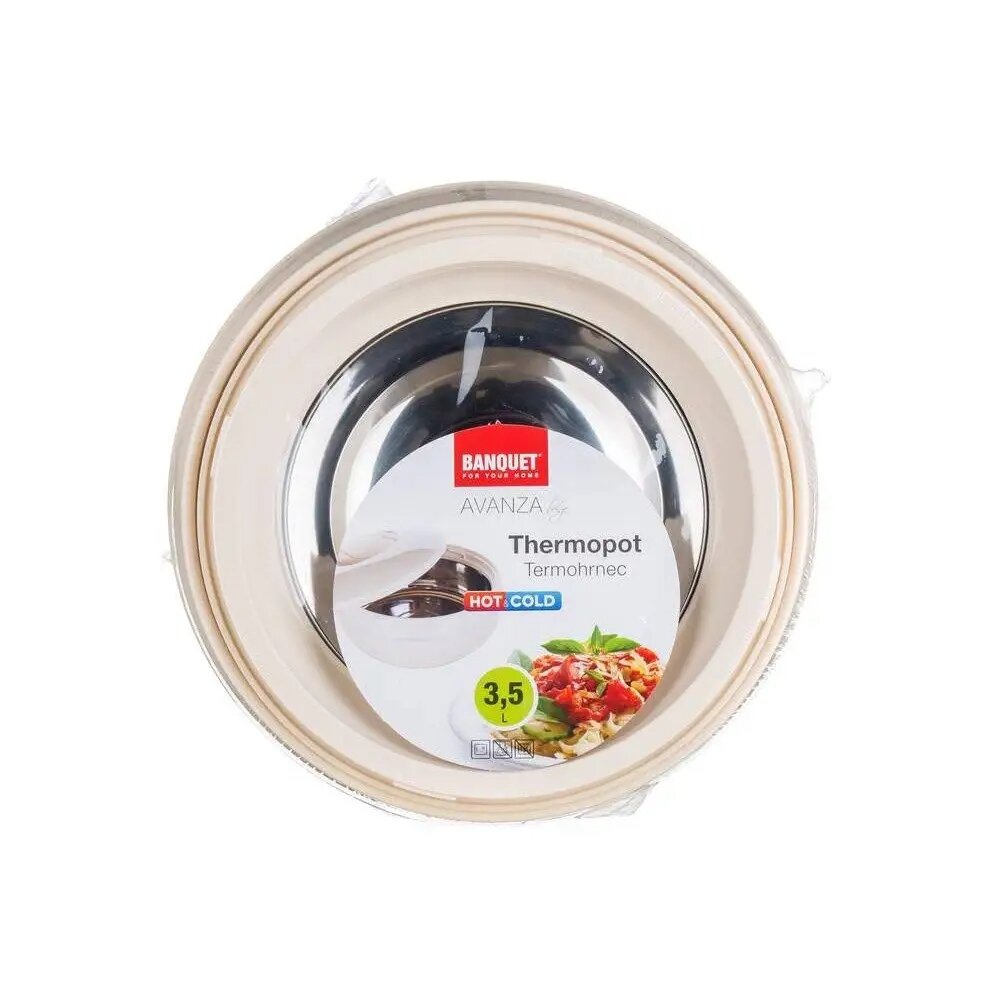 Na obrazie widoczny jest termos obiadowy z etykietą zawierającą tekst: \'BANQUET FOR YOUR HOME AVANZA Thermopot Termohrnec HOT COLD 3,5\'.