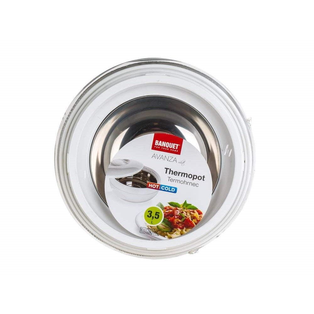 Zdjęcie przedstawia termos obiadowy z etykietą zawierającą tekst: \'BANQUET AVANZA Thermopot Termohrnec HOT COLD 3,5 L\'.