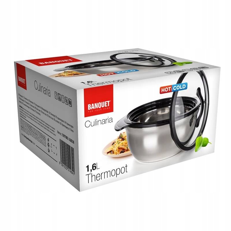 Opakowanie produktu z napisem \'BANQUET FOR YOUR HOME Culinaria 1,6L Thermopot\'. Widoczny jest obrazek stalowego garnka z pokrywką oraz oznaczenie \'HOT COLD\'.