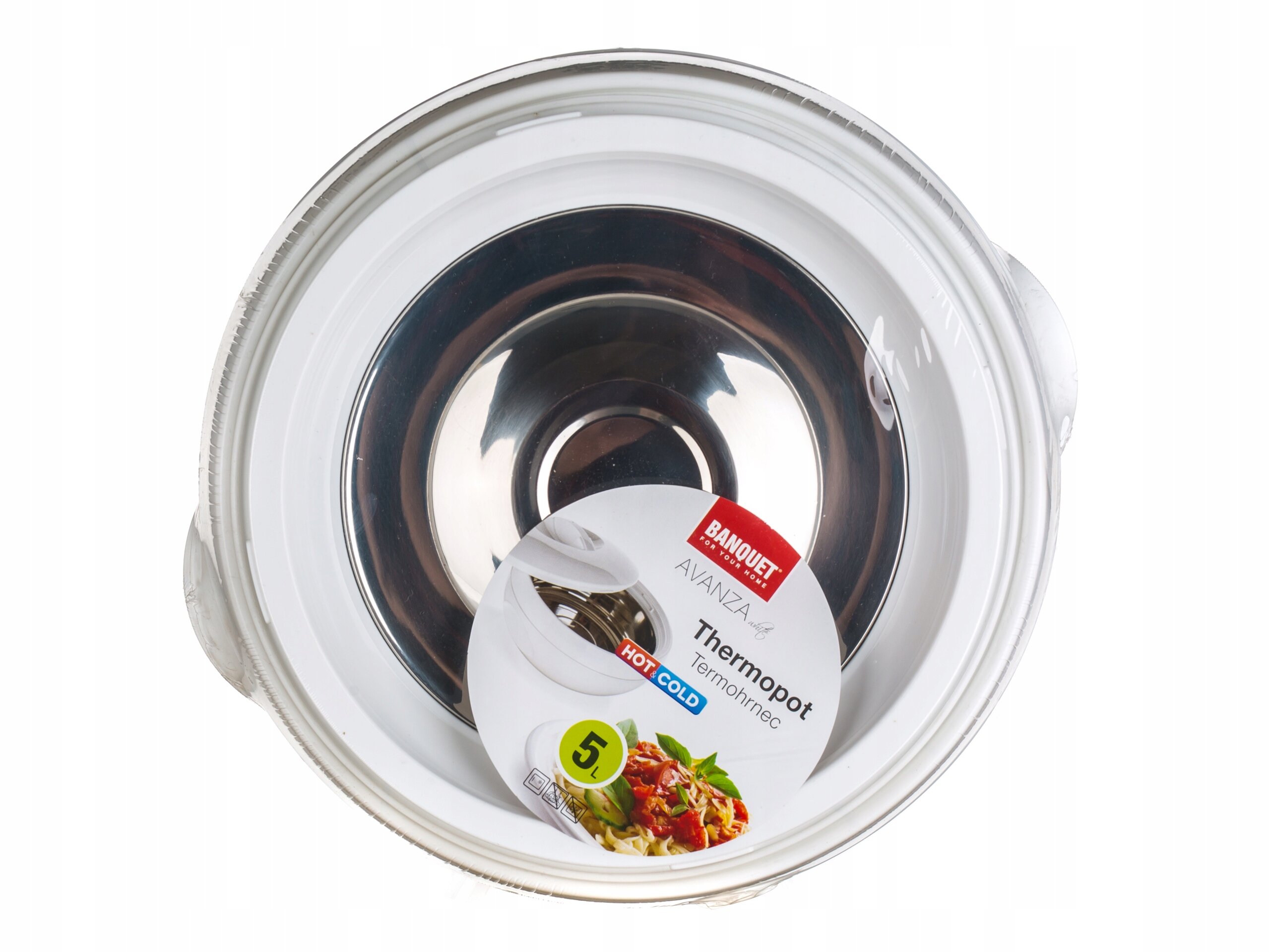 Na zdjęciu widoczny jest biały termos obiadowy z metalowym wnętrzem, na którym znajduje się etykieta z napisem \'BANQUET AVANZA Thermopot Termonhrnec HOT COLD\'. Etykieta zawiera również obrazek z jedzeniem oraz oznaczenie pojemności \'5 L\'.