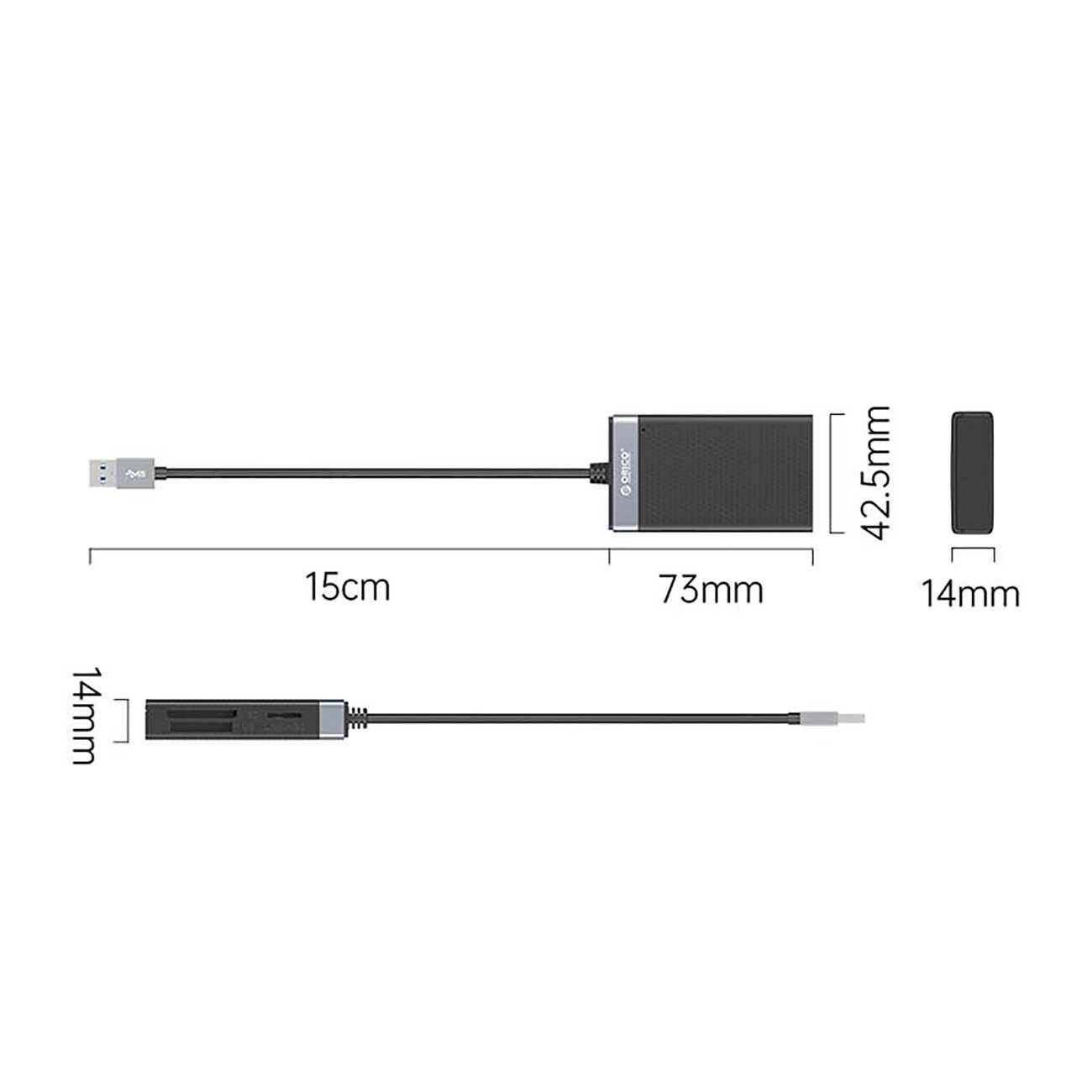 Obraz przedstawia czytnik kart pamięci z kablem USB, z wymiarami: długość kabla 15 cm, długość czytnika 73 mm, szerokość 42.5 mm i grubość 14 mm. Na czytniku widoczne jest logo \'Orico\'.