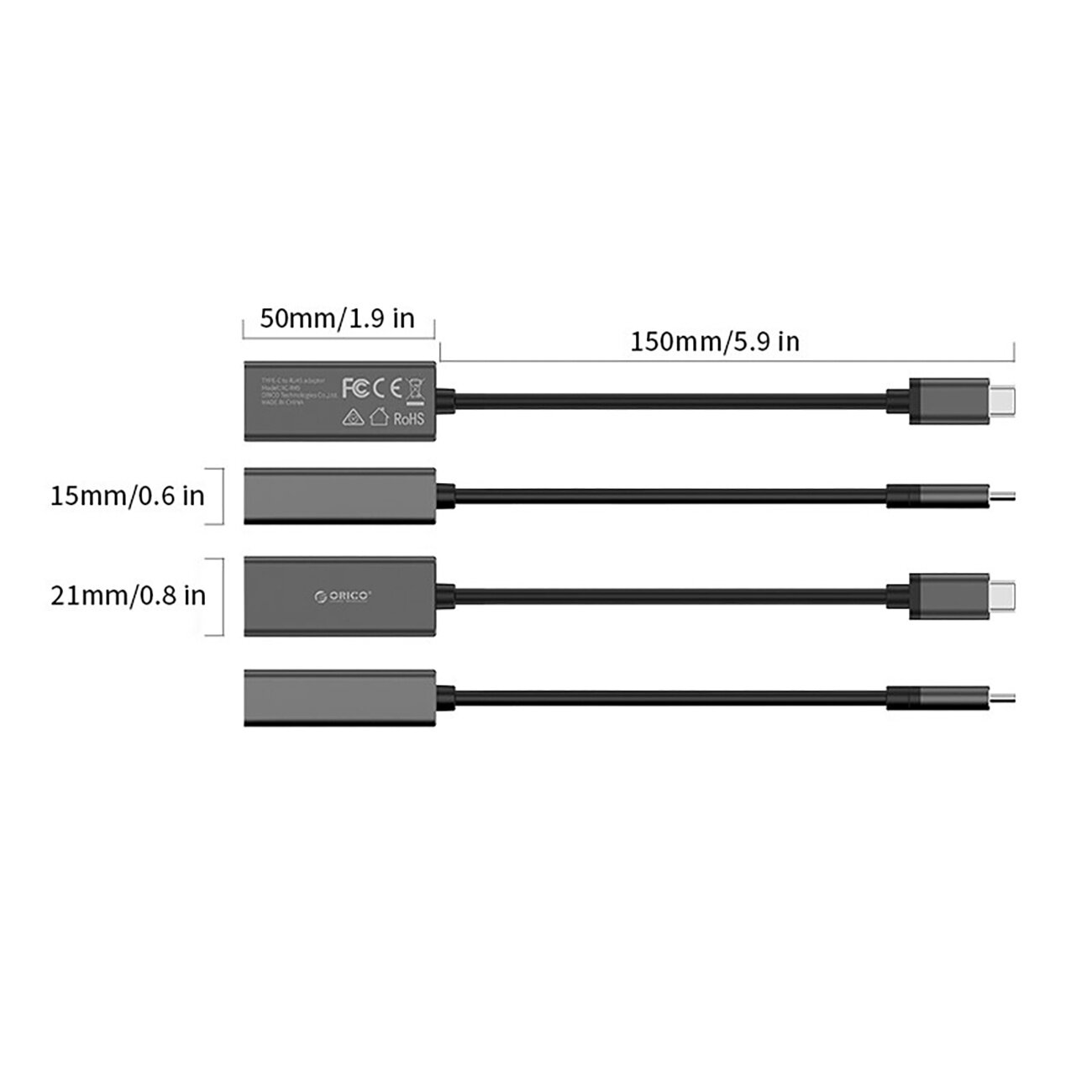 Na obrazie widoczny jest czarny adapter sieciowy z logo \'Orico\', z kablem zakończonym wtykiem USB-C. Obok adaptera znajdują się wymiary: 50mm/1.9 in, 150mm/5.9 in, 15mm/0.6 in, 21mm/0.8 in oraz oznaczenia certyfikatów \'FCC\' i \'RoHS\'.