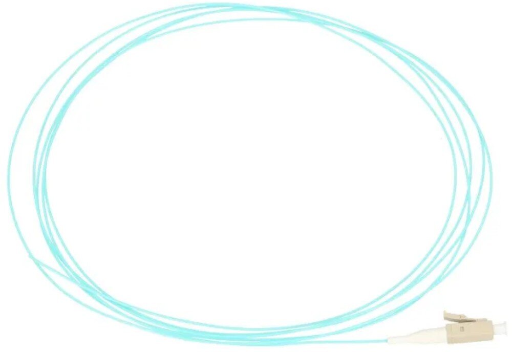 Kabel Pigtail - LC/UPC EXTRALINK EX.12462 2 m Długi, cienki przewód światłowodowy w kolorze turkusowym zwinięty w kilka luźnych pętli, zakończony z jednej strony beżowym wtykiem typu LC z białą nakładką zabezpieczającą