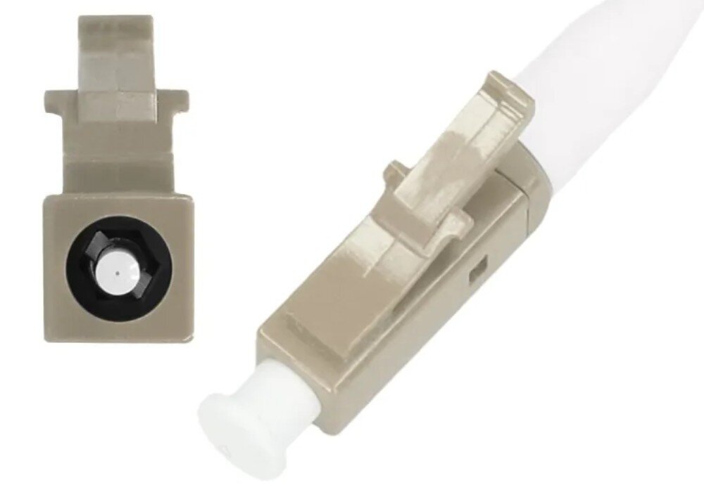 Kabel Pigtail - LC/UPC EXTRALINK EX.12462 2 m Dwa widoki beżowego wtyku światłowodowego ukazujące z boku plastikowy zatrzask z białą osłonką oraz od frontu białą ferullę umieszczoną wewnątrz obudowy