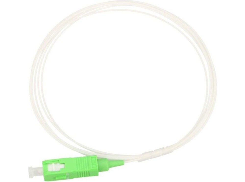 Kabel Pigtail - SC/APC EXTRALINK EX.8765 Cienki biały przewód światłowodowy zwinięty w pętlę i zakończony zielonym wtykiem na białym tle