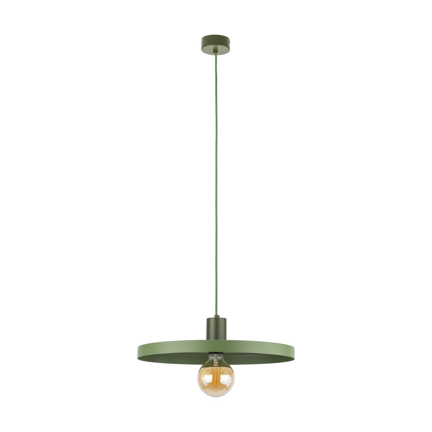 Zielona lampa wisząca z okrągłym kloszem i widoczną żarówką, zawieszona na cienkim przewodzie.