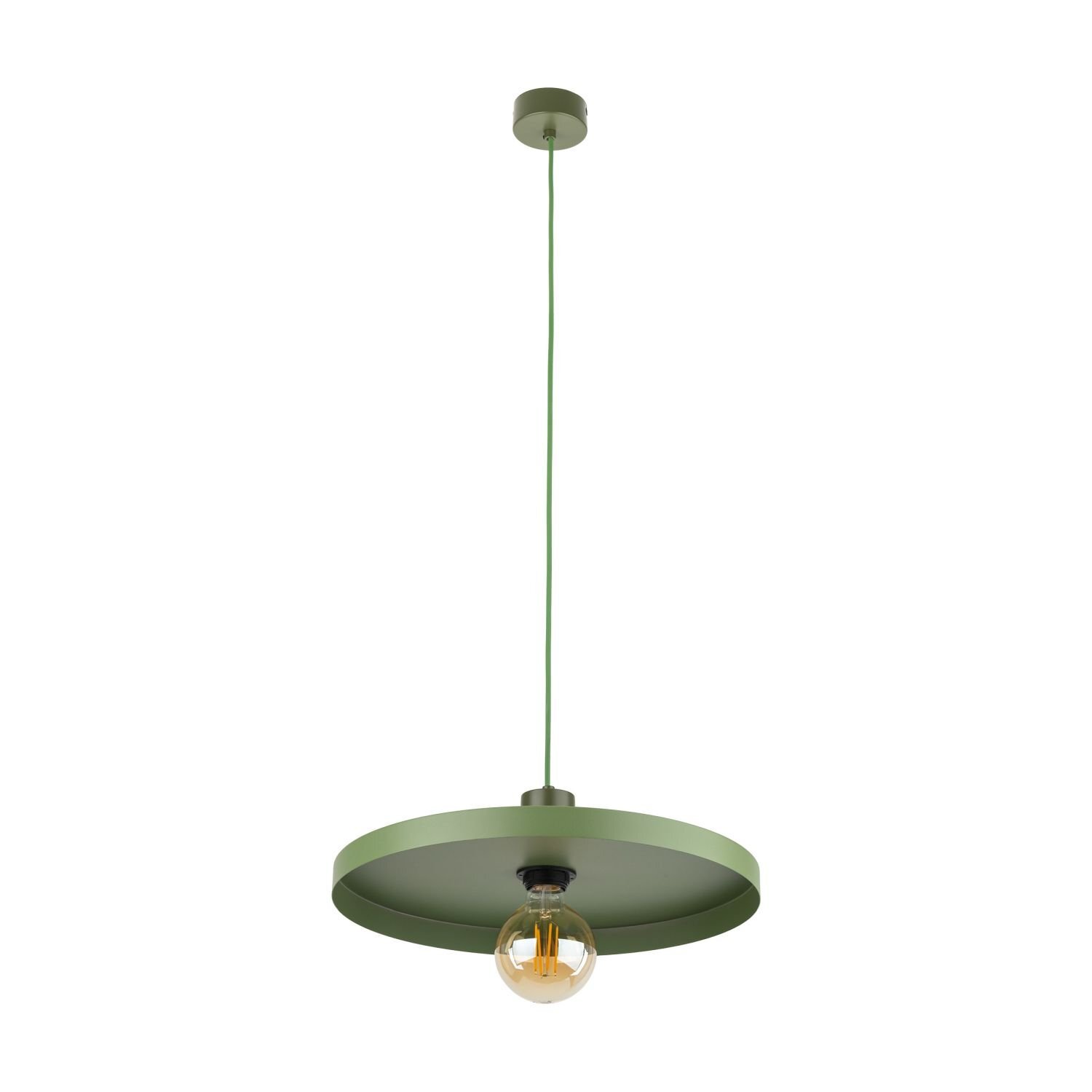Zielona lampa wisząca z okrągłym kloszem i widoczną żarówką, zawieszona na cienkim przewodzie.