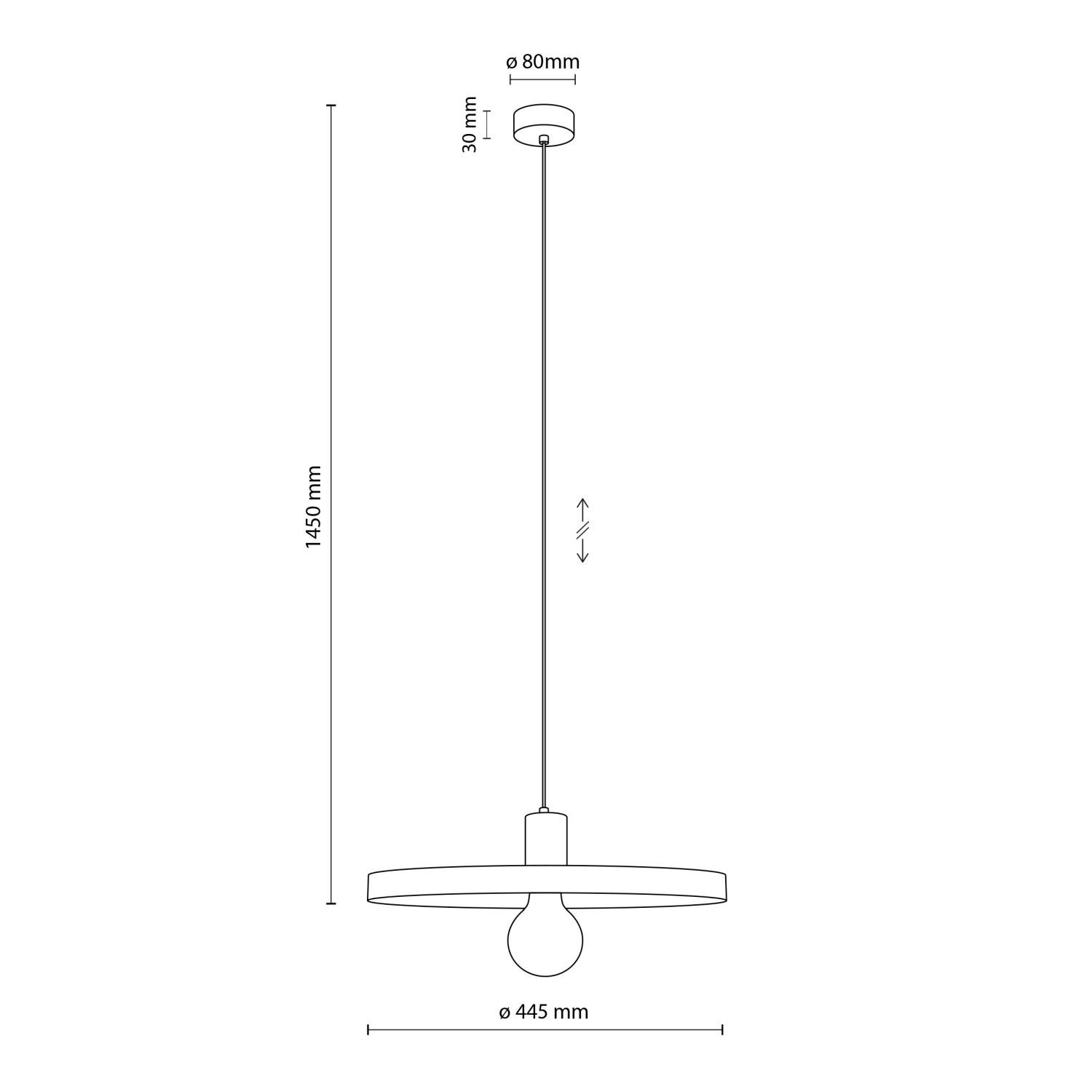 Schematyczny rysunek lampy wiszącej z okrągłym kloszem i żarówką, z wymiarami: wysokość 1450 mm, średnica klosza 445 mm, średnica mocowania 80 mm, wysokość mocowania 30 mm. Strzałka wskazuje możliwość regulacji wysokości.